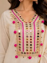 Ivory Mirror Work Cotton Kurta Set with Dupatta