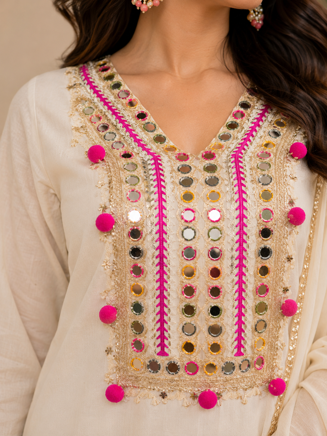 Ivory Mirror Work Cotton Kurta Set with Dupatta