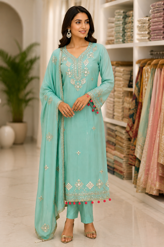 Sea Green Mirror Work Kurta Pant Set with Dupatta