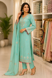Sea Green Mirror Work Kurta Pant Set with Dupatta