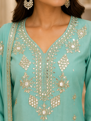Sea Green Mirror Work Kurta Pant Set with Dupatta
