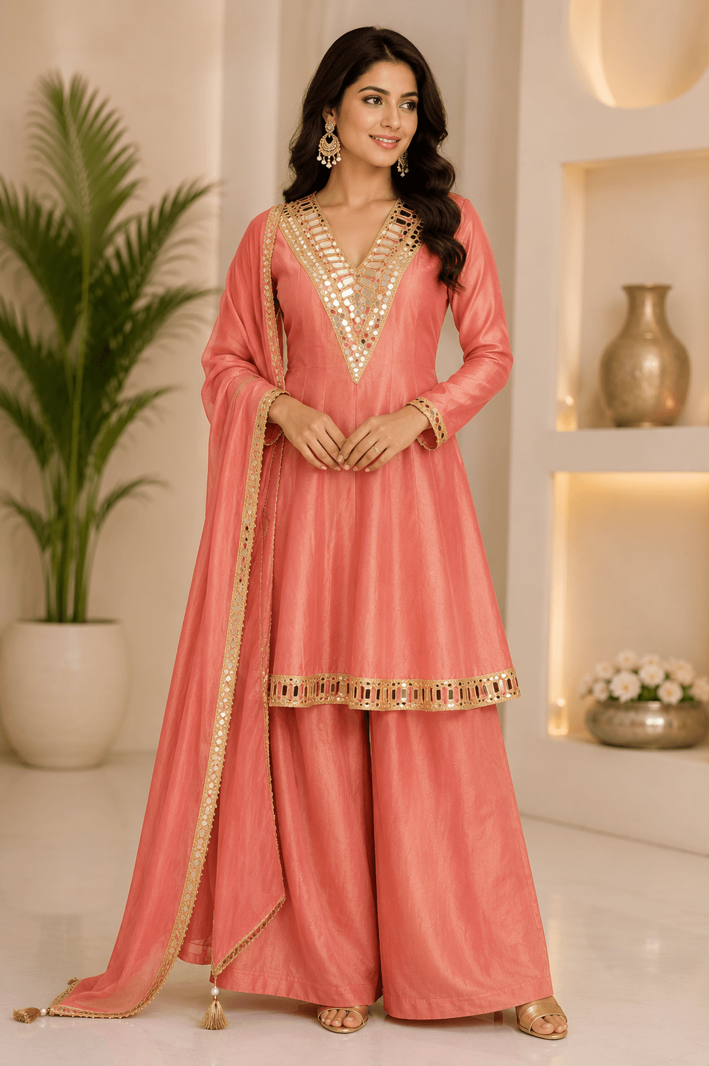 Coral Mirror Work Kurta Palazzo Set with Dupatta