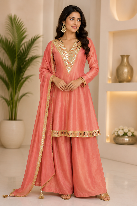 Coral Mirror Work Kurta Palazzo Set with Dupatta