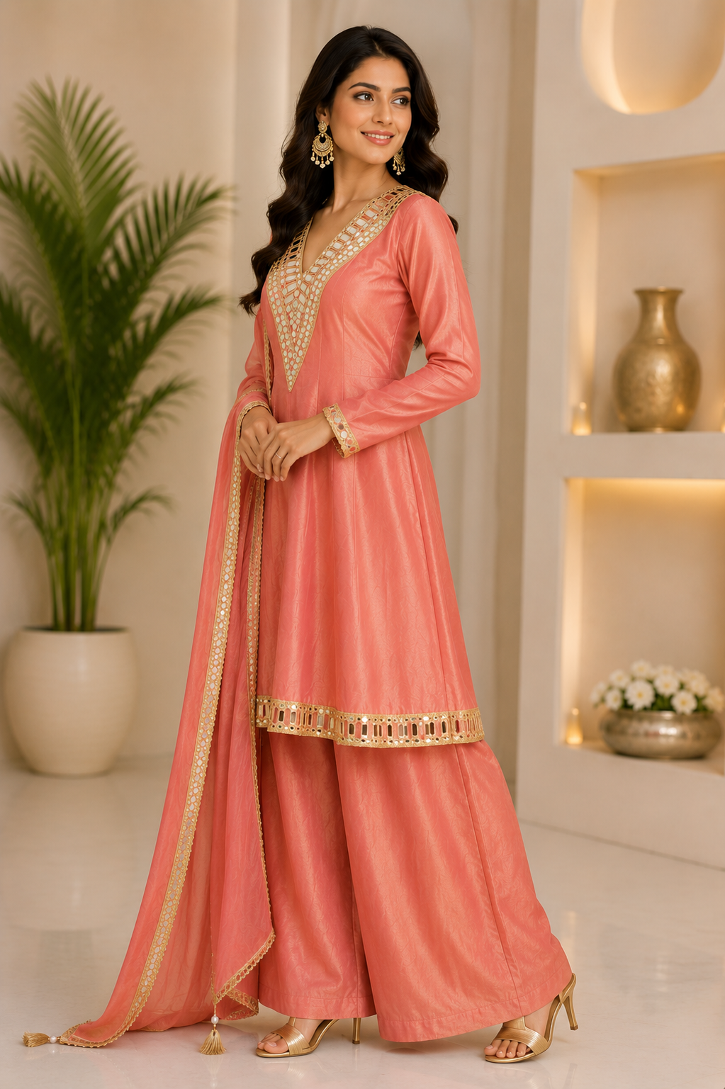 Coral Mirror Work Kurta Palazzo Set with Dupatta