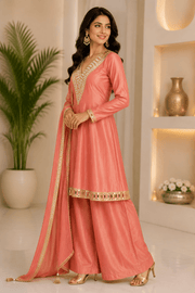 Coral Mirror Work Kurta Palazzo Set with Dupatta