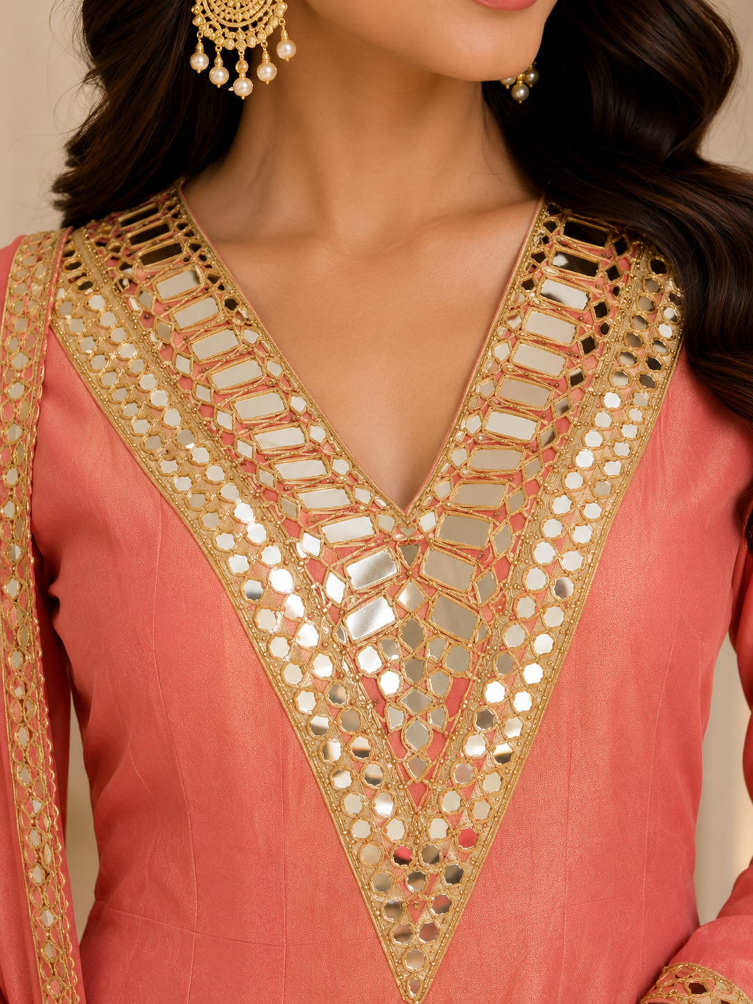 Coral Mirror Work Kurta Palazzo Set with Dupatta