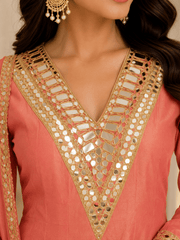 Coral Mirror Work Kurta Palazzo Set with Dupatta