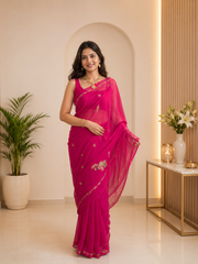 Royal Pink Georgette Saree with Exquisite Aari Taari Work