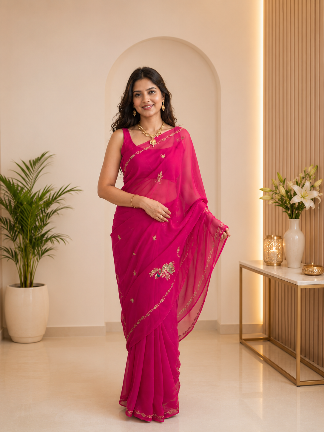Royal Pink Georgette Saree with Exquisite Aari Taari Work