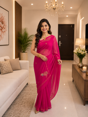 Royal Pink Georgette Saree with Exquisite Aari Taari Work