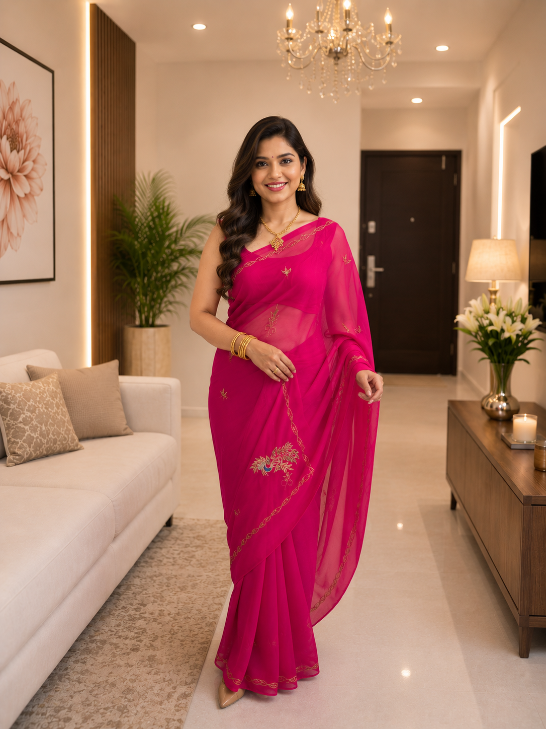 Royal Pink Georgette Saree with Exquisite Aari Taari Work