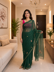 Royal Green Georgette Saree with Exquisite Aari Taari Work