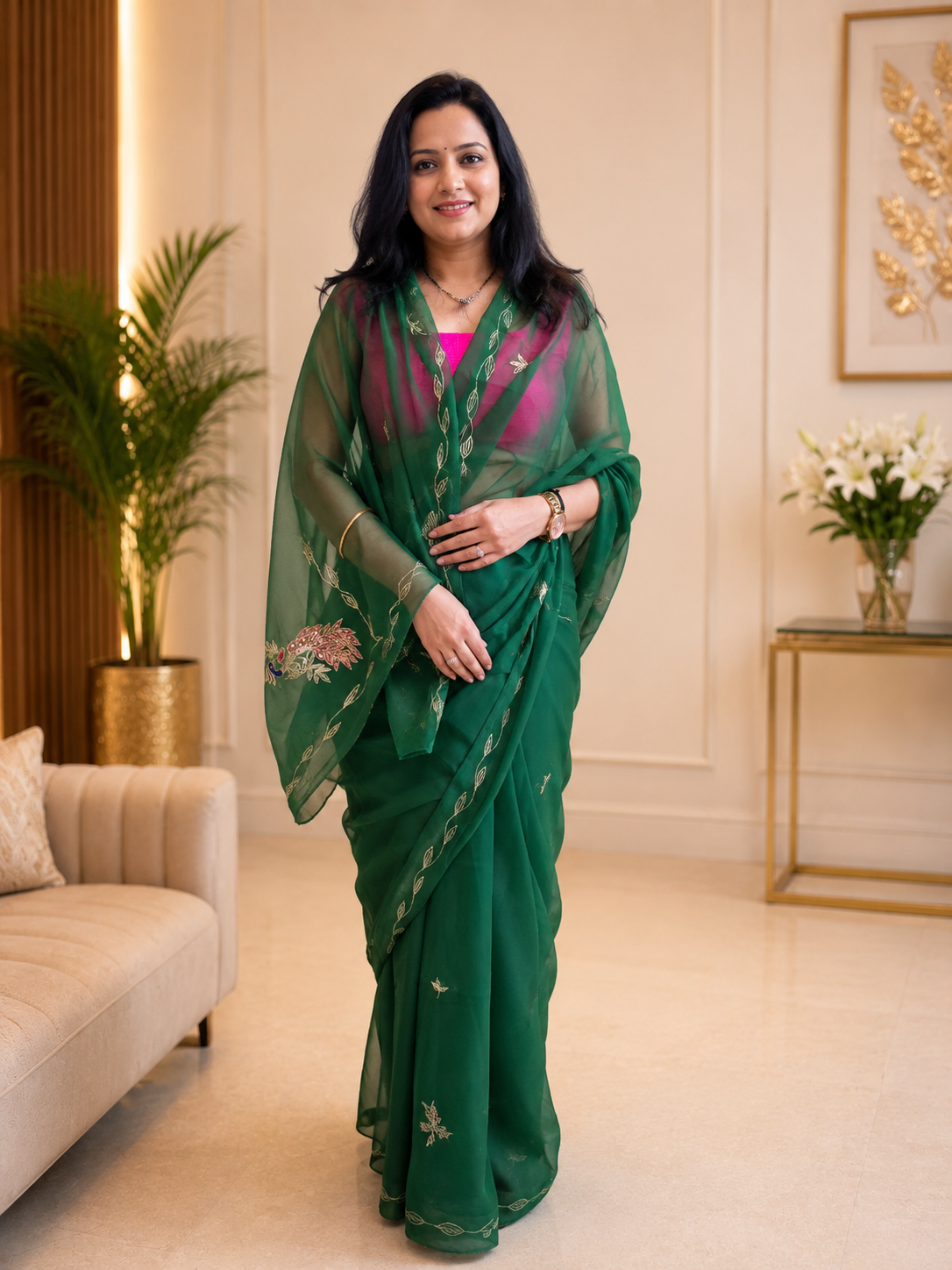 Royal Green Georgette Saree with Exquisite Aari Taari Work