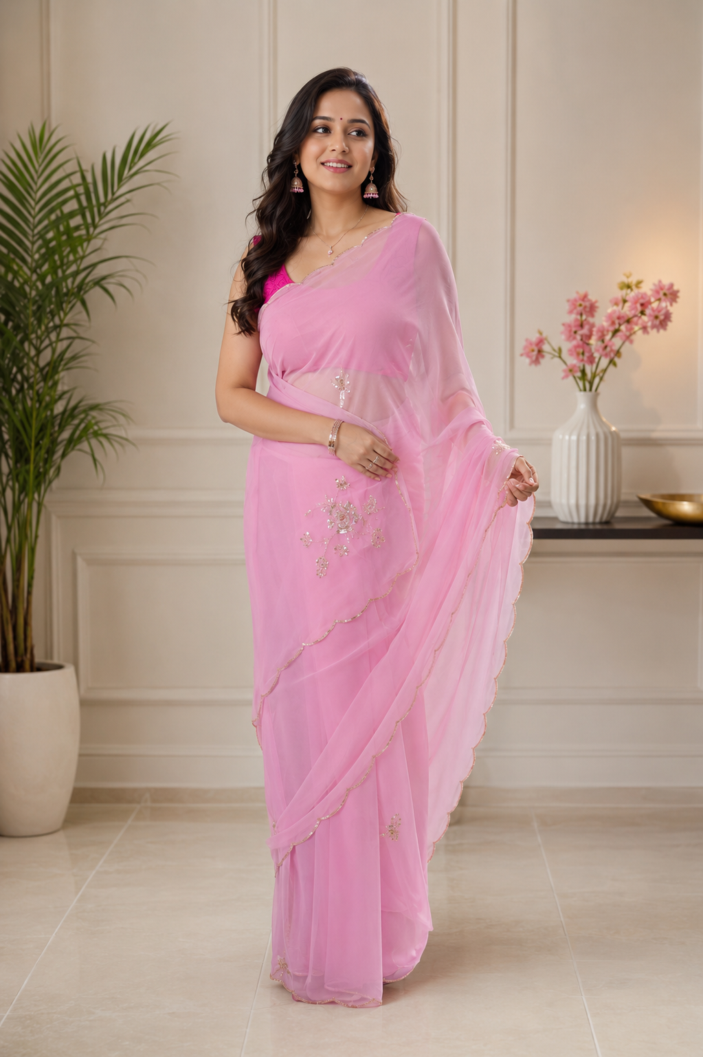Baby Pink Royal Georgette Saree with Cut Dana Handwork