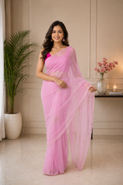 Baby Pink Royal Georgette Saree with Cut Dana Handwork