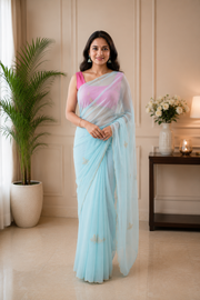 Sky Blue Royal Georgette Saree with Cut Dana Handwork