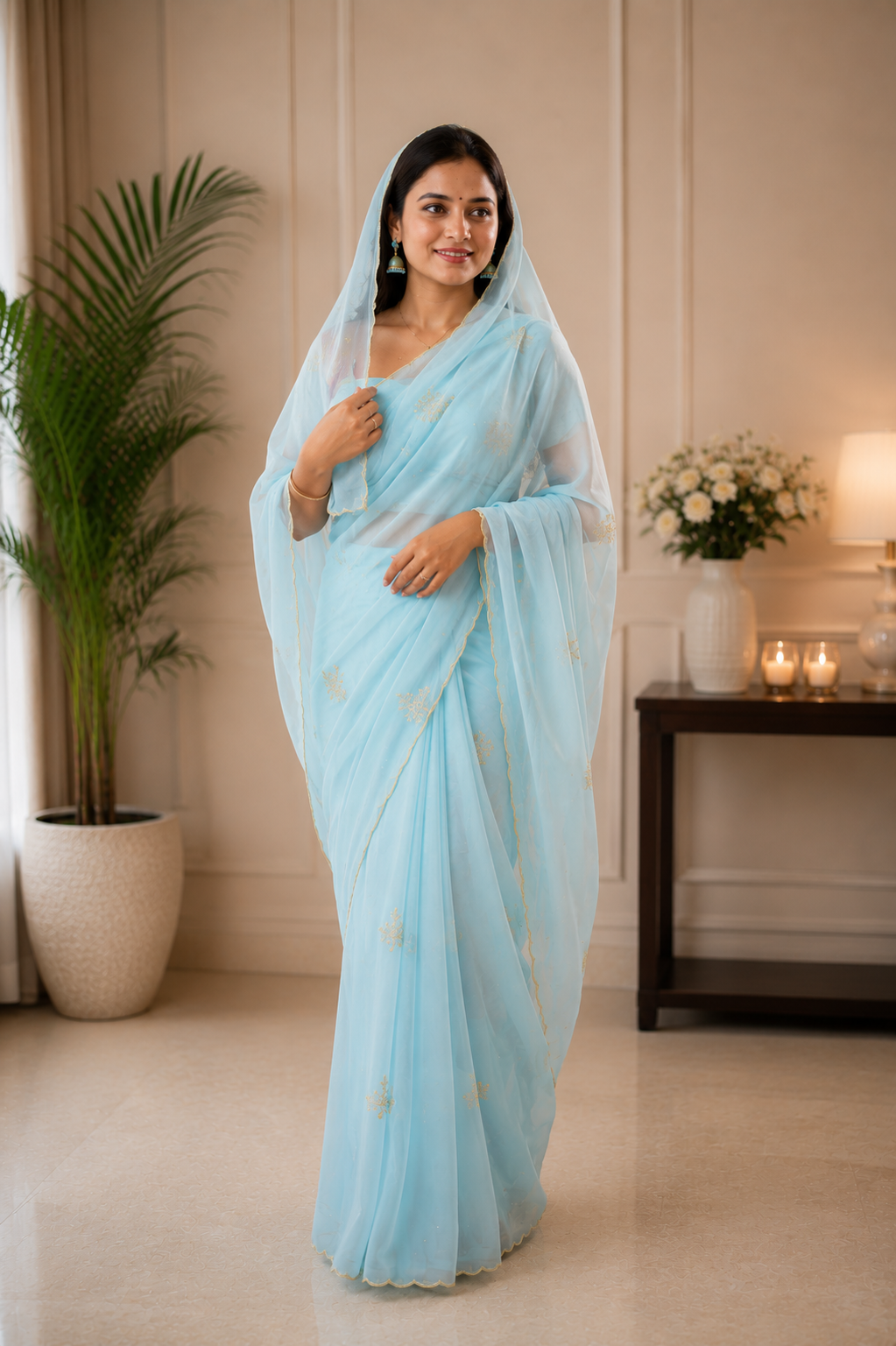 Sky Blue Royal Georgette Saree with Cut Dana Handwork