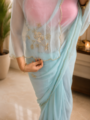 Sky Blue Royal Georgette Saree with Cut Dana Handwork