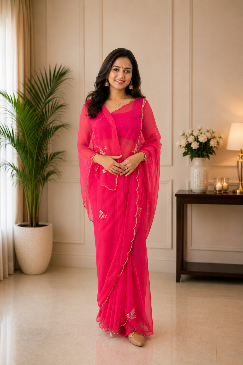 Peach Royal Georgette Saree with Cut Dana Handwork