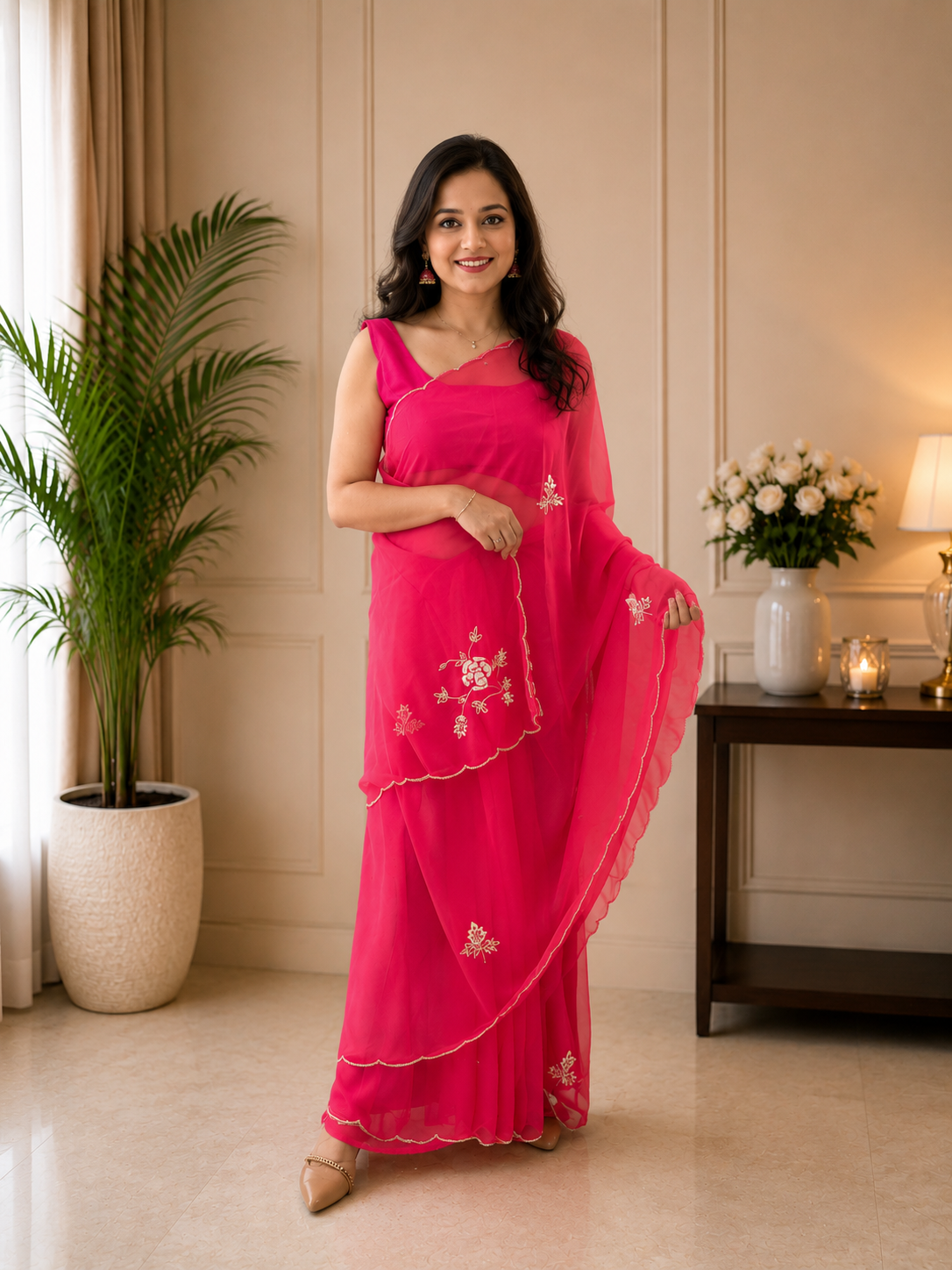 Peach Royal Georgette Saree with Cut Dana Handwork
