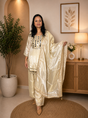 Beige and Gold Silk Suit with Mirror Work