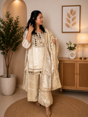 Beige and Gold Silk Suit with Mirror Work