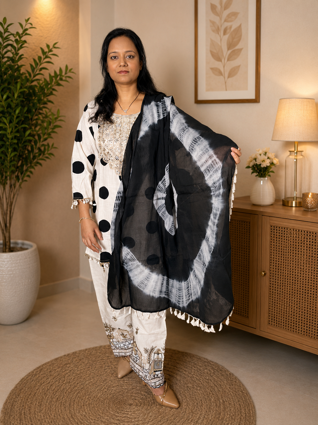 Black & White Polka Dot Cotton Suit Set with Tie-Dye Dupatta