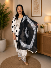 Black & White Polka Dot Cotton Suit Set with Tie-Dye Dupatta