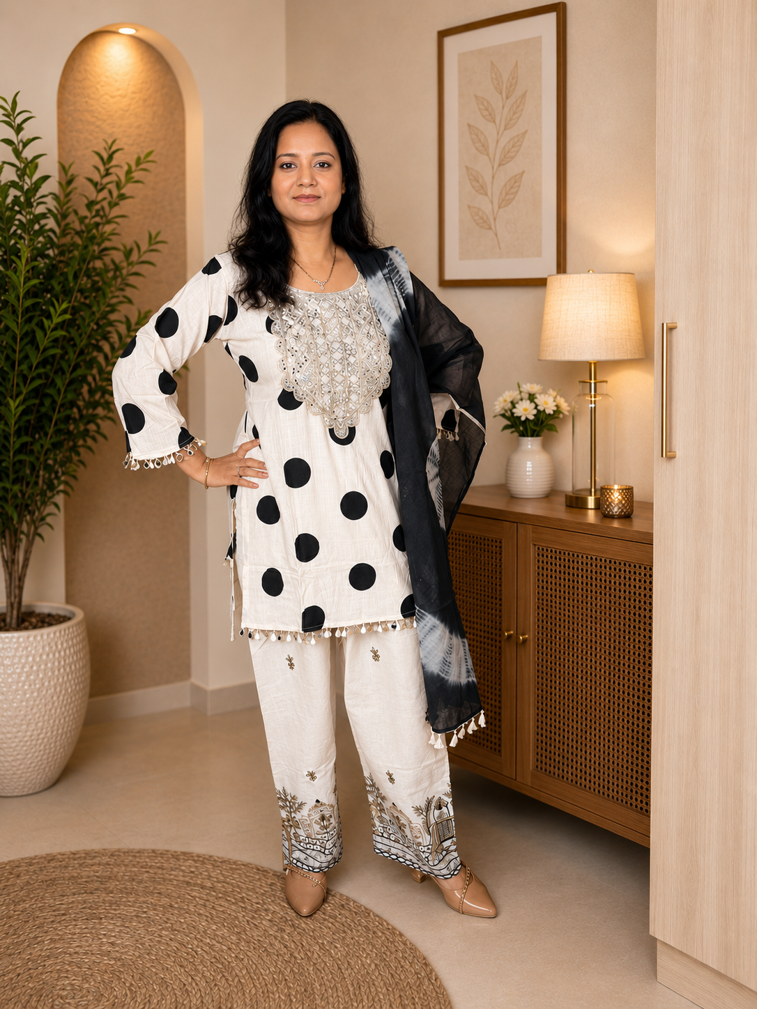Black & White Polka Dot Cotton Suit Set with Tie-Dye Dupatta