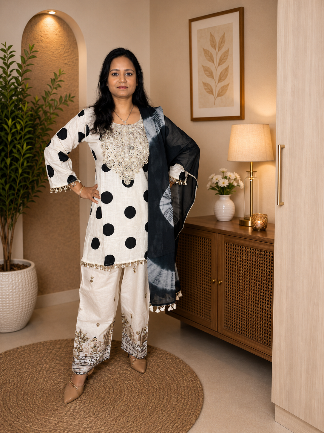 Black & White Polka Dot Cotton Suit Set with Tie-Dye Dupatta