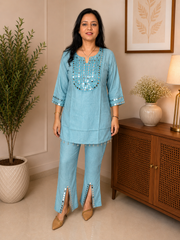 Sky Blue Mirror Work Cotton Coord Set