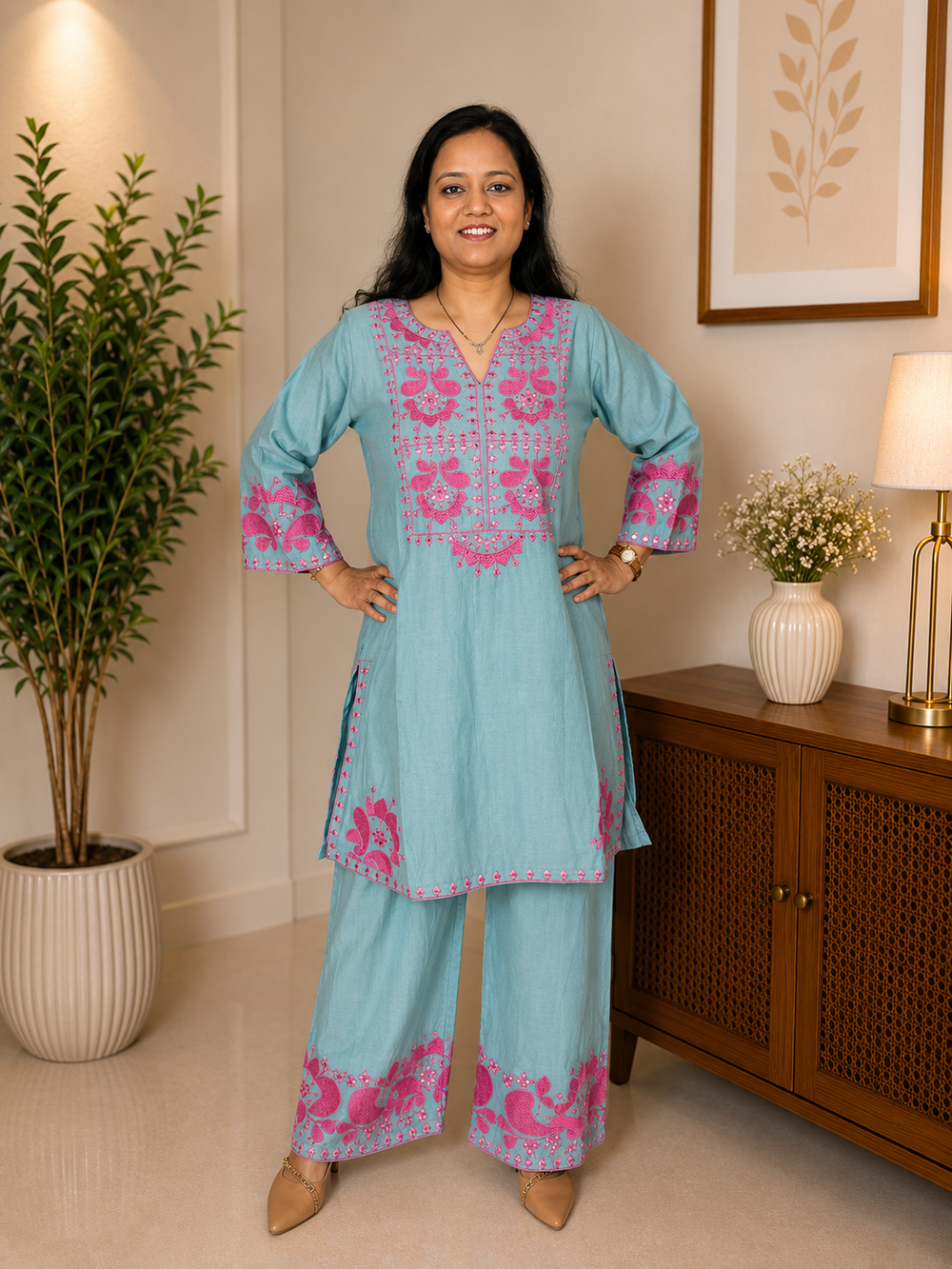 Green Embroidered Cotton Coord Set