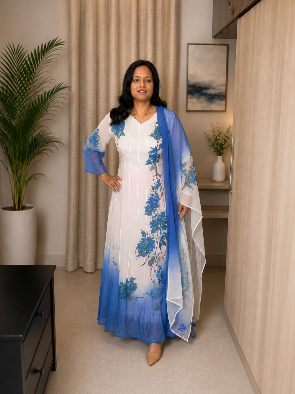 Blue Georgette Hand-Painted Anarkali Set