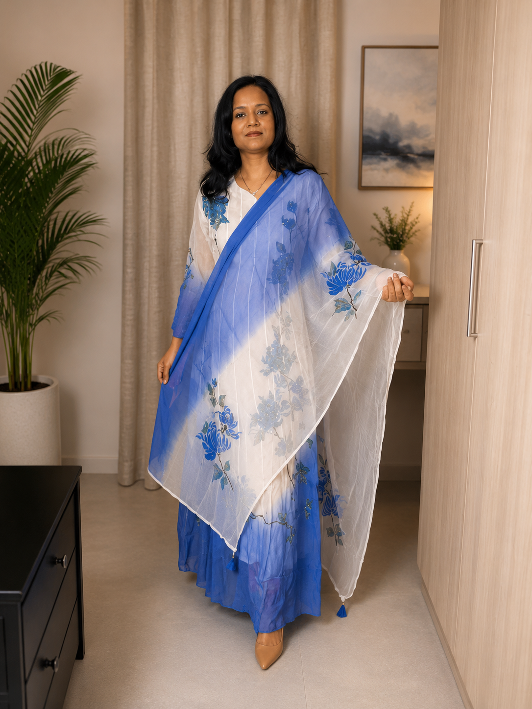 Blue Georgette Hand-Painted Anarkali Set