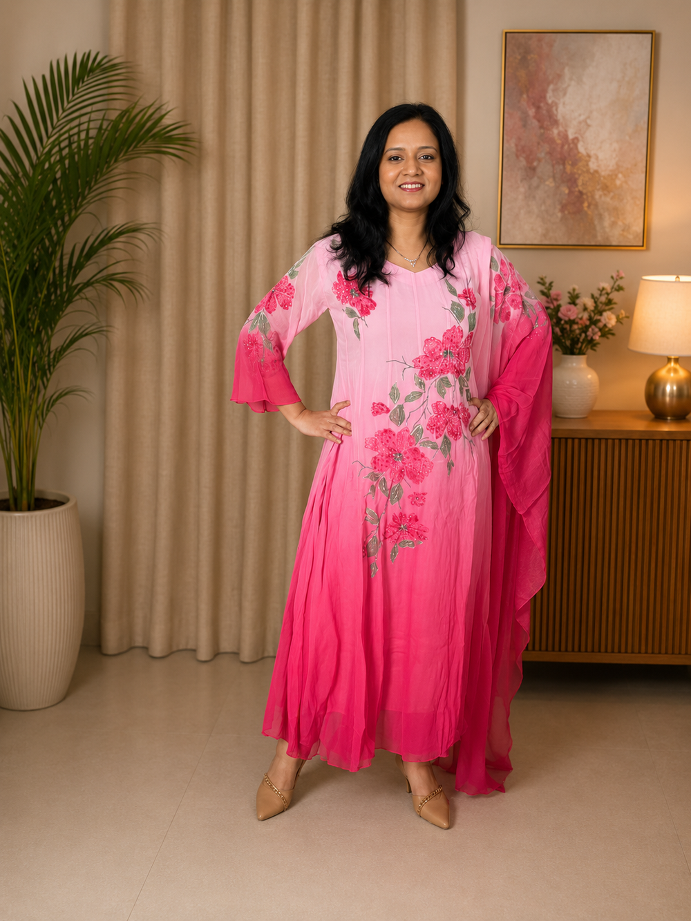 Pink Ombre Georgette Floor-Length Anarkali Set