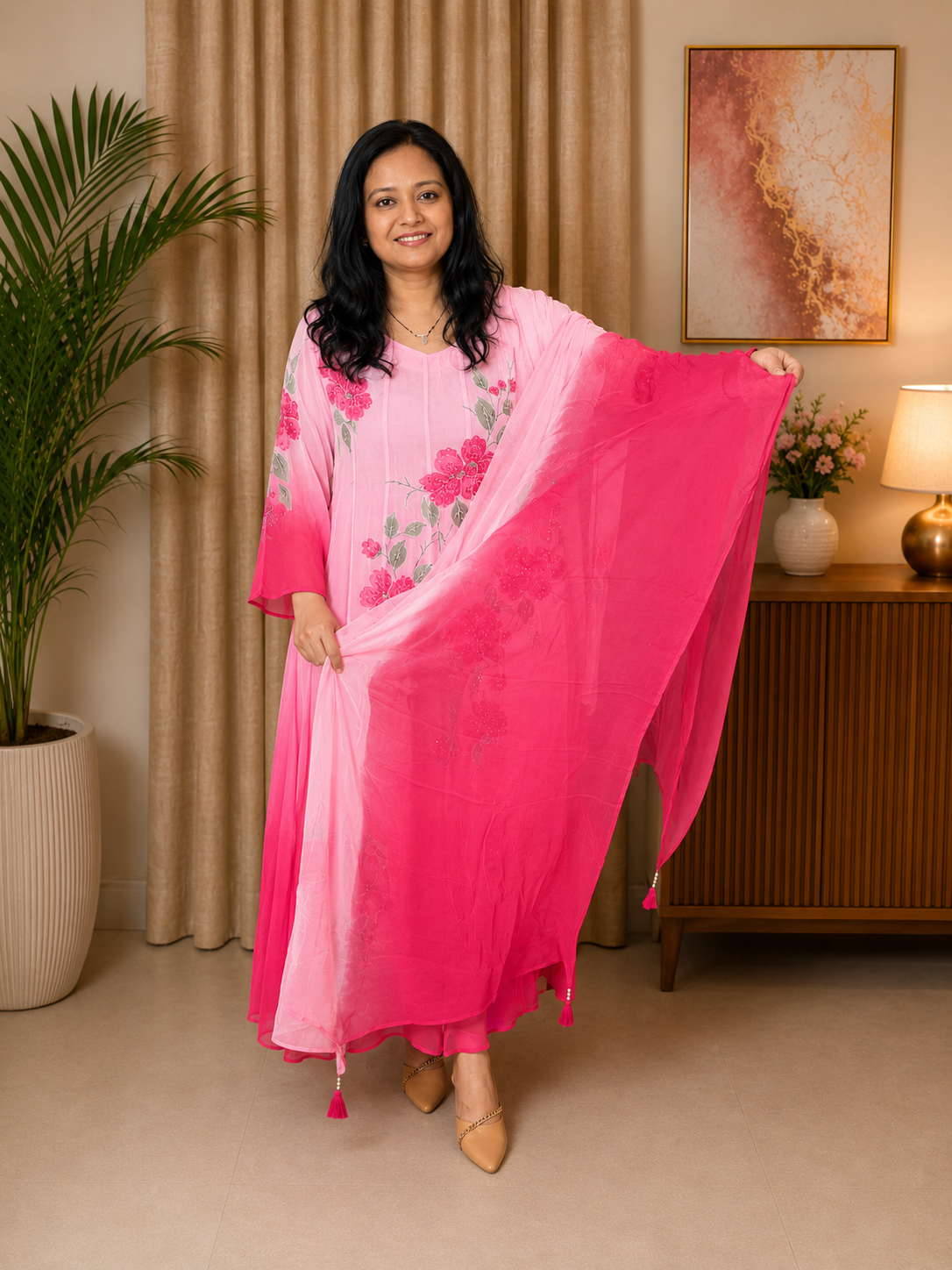 Pink Ombre Georgette Floor-Length Anarkali Set