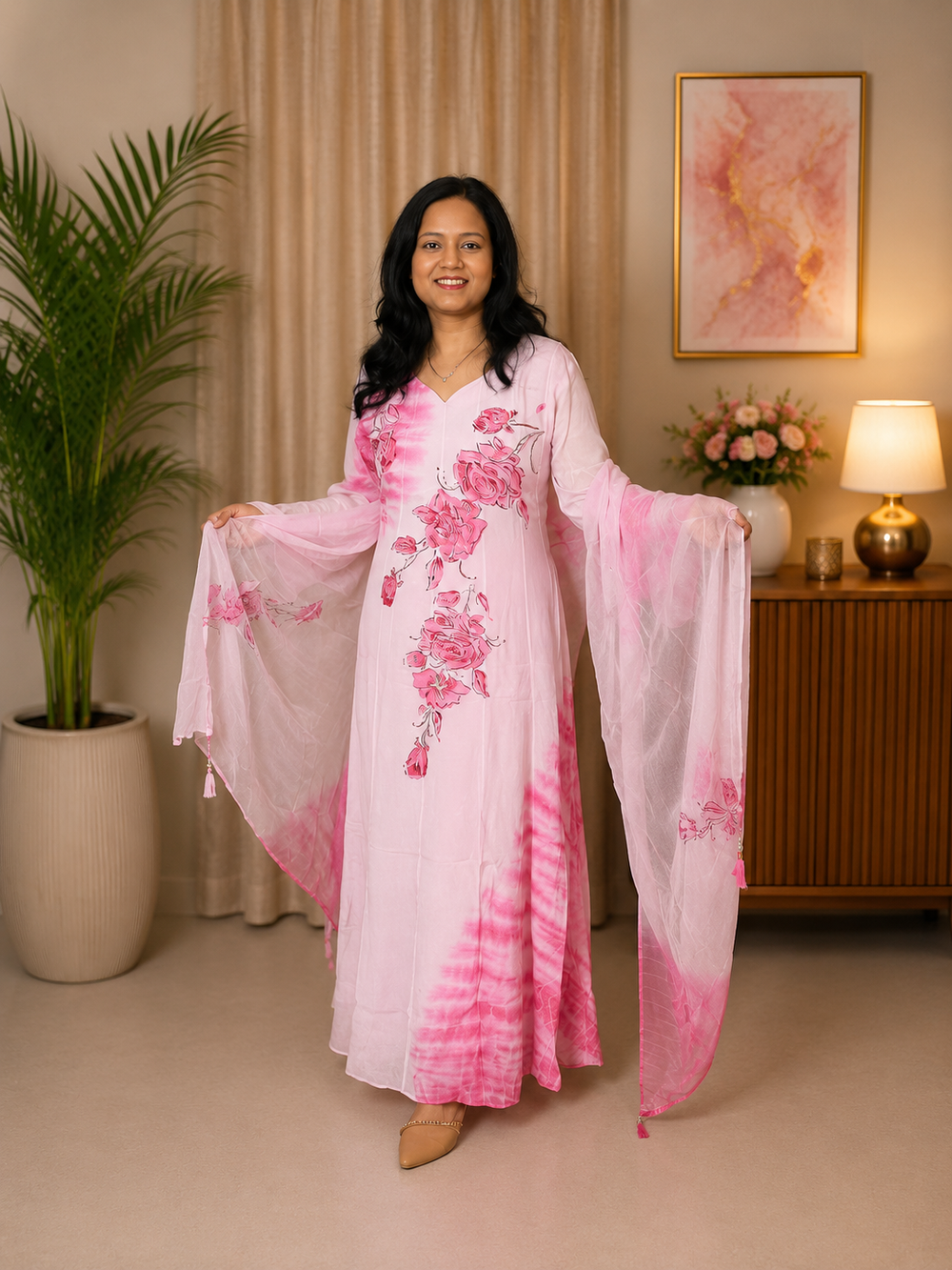 Blush Pink Georgette Hand-Painted Anarkali Set