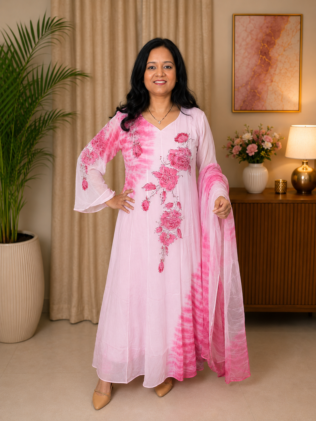 Blush Pink Georgette Hand-Painted Anarkali Set
