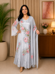 Grey Georgette Hand-Painted Floral Anarkali Set