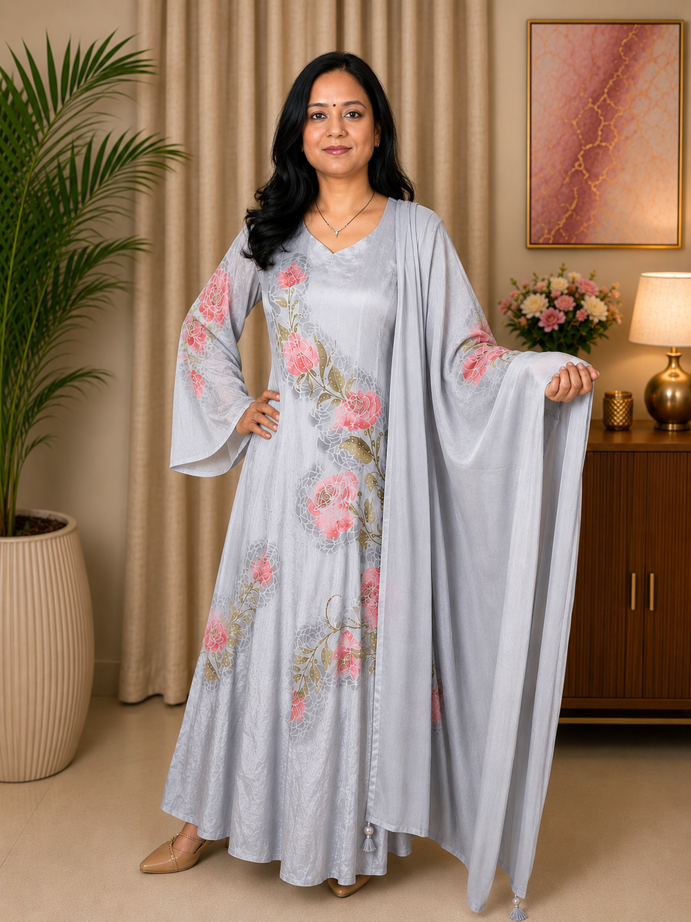 Grey Georgette Hand-Painted Floral Anarkali Set