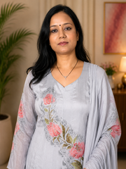 Grey Georgette Hand-Painted Floral Anarkali Set