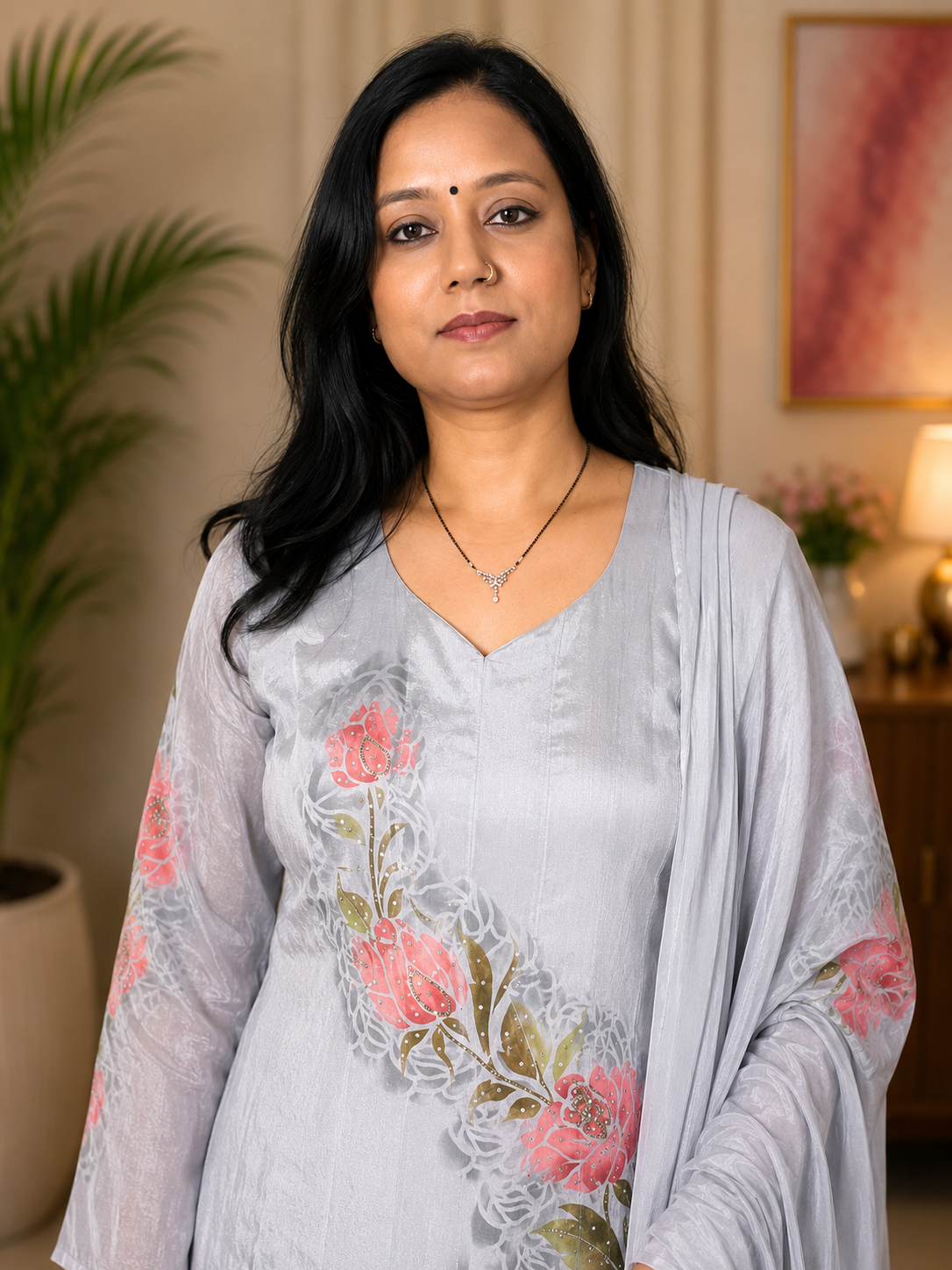 Grey Georgette Hand-Painted Floral Anarkali Set