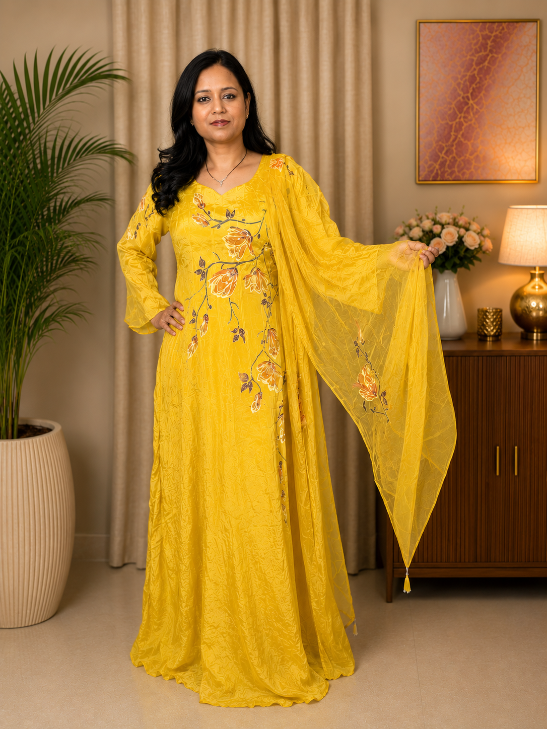 Sunshine Yellow Hand-Painted Georgette Anarkali Set