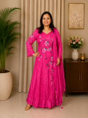 Fuchsia Pink Hand-Painted Georgette Anarkali Set
