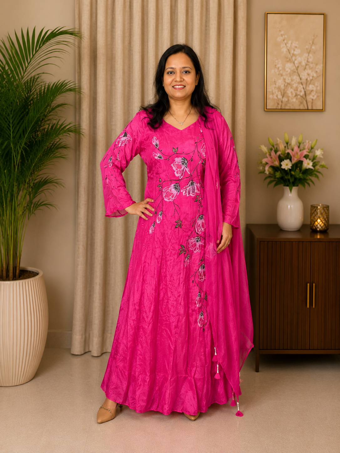 Fuchsia Pink Hand-Painted Georgette Anarkali Set