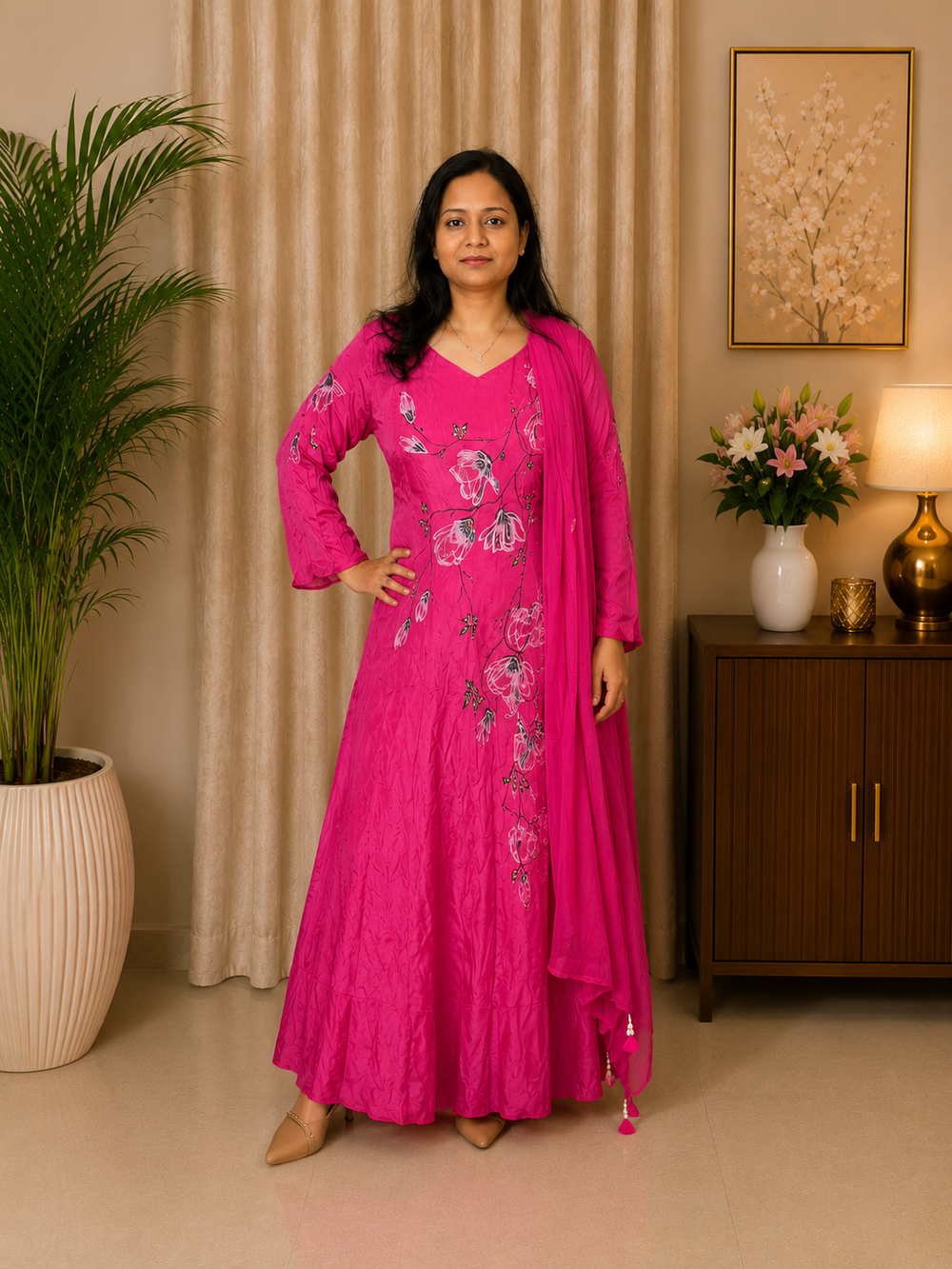 Fuchsia Pink Hand-Painted Georgette Anarkali Set