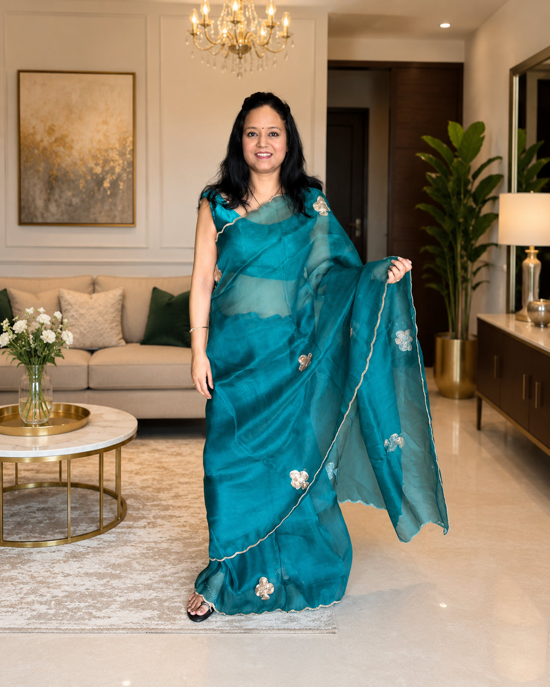 Pure Kora Silk Saree – Teal Blue with Handcrafted Floral Motifs
