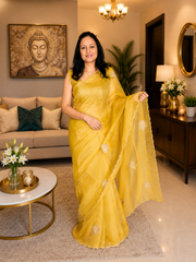 Yellow Pure Kora Silk Saree with Handcrafted Floral Motifs