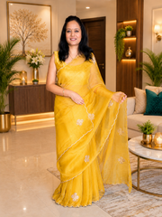 Yellow Pure Kora Silk Saree with Handcrafted Floral Motifs
