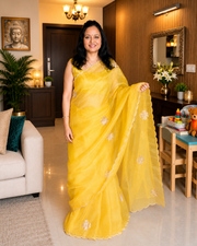 Yellow Pure Kora Silk Saree with Handcrafted Floral Motifs